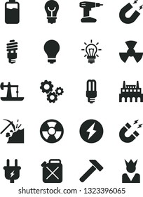 Solid Black Vector Icon Set - matte light bulb vector, drill, hammer, charge level, oil derrick, coal mining, plug, industrial factory, canister, energy saving, mercury, radiation, hazard, gears