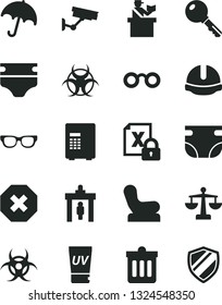 Solid Black Vector Icon Set - mark of injury vector, scales, diaper, nappy, Baby chair, construction helmet, dust bin, key, umbrella, encrypting, glasses, biohazard, security gate, passort control