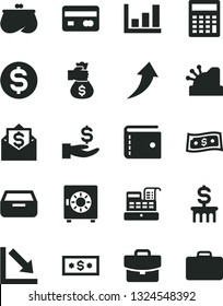 Solid Black Vector Icon Set - purse vector, calculator, negative chart, suitcase, drawer, strongbox, reverse side of a bank card, dollar, get wage, cash machine, cashbox, growth graph, arrow up