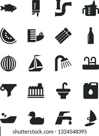 Solid Black Vector Icon Set - measuring cup for feeding vector, rubber duck, children's bathroom, washbasin, shower, faucet mixer, electronic boiler, fish, water melon, slice of, pipes, canister oil