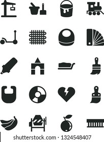 Solid Black Vector Icon Set - bib vector, baby, toy sand set, train, box of bricks, Kick scooter, concrete mixer, paint bucket, color samples, plastic brush, wooden, broken heart, cake slice