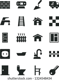Solid Black Vector Icon Set - house vector, bath, a chair for feeding, brickwork, building trowel, window, stepladder, comfortable toilet, power socket type f, ntrance door, interroom, tile, kitchen