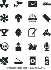 Solid Black Vector Icon Set - desktop microphone vector, envelope, bookmark, warm socks, notes, 24, burger, tasty raspberry, broccoli, marine propeller, oil, eco car, scanner, nuclear, biology