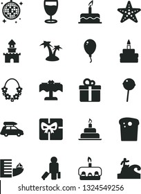 Solid Black Vector Icon Set - balloon vector, cake, birthday, gift, Easter, torte, Chupa Chups, glass, giftbox, sand castle, car baggage, passenger, hotel, palm tree, hawaii wreath, disco ball