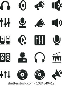 Solid Black Vector Icon Set - horn vector, loudspeaker, silent mode, drumroll, headphones, microphone, CD, regulator, volume, no sound, operator, pc speaker, settings