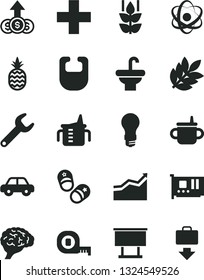 Solid Black Vector Icon Set - plus vector, mug for feeding, measuring cup, bib, motor vehicle, child shoes, tape, washbasin, a pineapple, mint, light bulb, repair key, billboard, pc card, atom