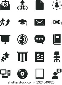 Solid Black Vector Icon Set - article on the dollar vector, speech, computer, tablet pc, cd, chair, mail, file, book, graduate hat, earth core, presentation board, resistor, man arrow up, growth