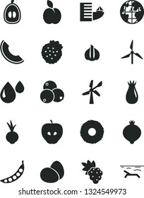 Solid Black Vector Icon Set - eggs vector, beet, strawberries, apple, grape, tasty, rose hip, medlar, blueberries, slice of melon, half loquat, pineapple, garlic, peas, windmill, wind energy, drop