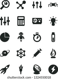 Solid Black Vector Icon Set - pie chart vector, test tube, molecule, bulb, settings, oscilloscope, flame, calculator, artifical insimination, robot, satellite antenna, saturn, rocket, syringe, torch