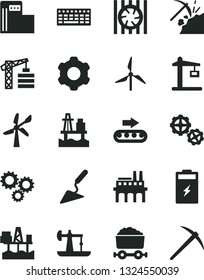 Solid Black Vector Icon Set - tower crane vector, gears, cogwheel, building trowel, sea port, commercial seaport, charging battery, oil derrick, coal mining, modern gas station, windmill, three