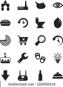 Solid Black Vector Icon Set - repair key vector, downward direction, box of bricks, shoes for little children, comfortable toilet, eye, crossed cart, torte, apple pie, chicken, lime, Glass bottle