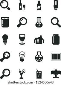 Solid Black Vector Icon Set - magnifier vector, measuring cup for feeding, window frame, bulb, a glass of soda, jam, liquor, flask, mercury light, jar, magnifying, zoom, wine, cocktail, restaurant