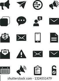 Solid Black Vector Icon Set - warning vector, envelope, scribbled paper, received letter, speech, smartphone, survey, megaphone, copy, loudspeaker, wall calendar, network, mail, plane, money, dialog