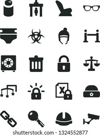 Solid Black Vector Icon Set - spectacles vector, scales, toys over the cot, diaper, powder, car child seat, winter hat, warm, construction helmet, dust bin, lock, key, strongbox, encrypting, glasses