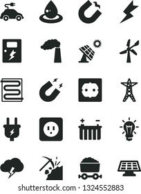 Solid Black Vector Icon Set - power socket type b vector, f, lightning, dangers, heating coil, storm cloud, big solar panel, coal mining, wind energy, manufacture, battery, line, plug, drop of oil