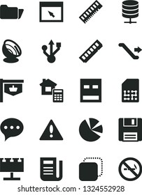 Solid Black Vector Icon Set - warning vector, estimate, speech, big data server, copy, SIM, vintage sign, billboard with illumination, pie charts, newspaper, memory, usb, browser, folder, floppy