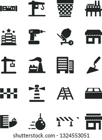 Solid Black Vector Icon Set - wicker pot vector, crane, big core, building trowel, concrete mixer, cordless drill, ladder, level, buildings, ceramic tiles, block, road fence, factory, Construction