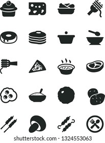 Solid Black Vector Icon Set - deep plate with a spoon vector, piece of cheese, pizza, spaghetti, noodles, porcini, muffin, cake hole, bowl rice porridge, in saucepan, lettuce, bacon, barbecue, pan