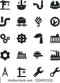 Solid Black Vector Icon Set - repair key vector, crane, hook, cogwheel, sewerage, construction helmet, gear, water pipes, manufacture, hydroelectric station, hydroelectricity, industrial building