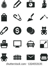 Solid Black Vector Icon Set - monitor vector, safety pin, open, teddy bear, small, building trowel, plastic brush, fence, envelope, camera, car, expand picture, biscuit, part of guava, welding, bag