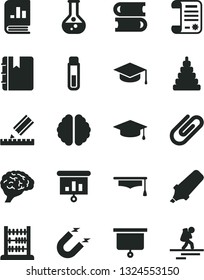 Solid Black Vector Icon Set - stacking toy vector, books, abacus, drawing, notebook, square academic hat, clip, flask, magnet, text highlighter, book on statistics, research article, presentation