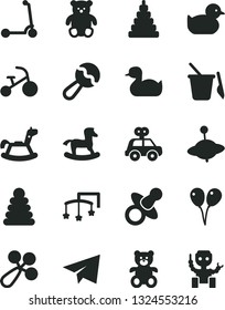 Solid Black Vector Icon Set - paper airplane vector, toys over the cot, dummy, beanbag, baby rattle, rubber duck, duckling, stacking rings, toy, motor vehicle present, children's sand set, small