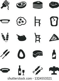 Solid Black Vector Icon Set - a chair for feeding vector, child, stick of sausage, cheese, fried vegetables on sticks, piece pizza, mini hot dog, spaghetti, plate, chicken, bacon, barbecue, omelette