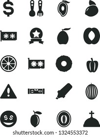 Solid Black Vector Icon Set - warning vector, plastic fork spoons, building level, melon, half of mango, loquat, peach, lemon, yellow, juicy, slice pineapple, Bell pepper, text highlighter, gpu card