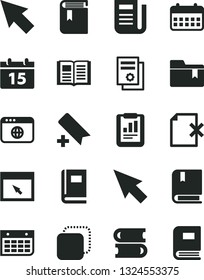 Solid Black Vector Icon Set - add bookmark vector, folder, book, e, books, calendar, delete page, copy, statistical report, scientific publication, wall, newspaper, browser, cursor