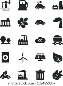 Solid Black Vector Icon Set - bin vector, solar panel, working oil derrick, leaf, gas station, windmill, manufacture, factory, hydroelectricity, trees, industrial building, thermal power plant, CO2