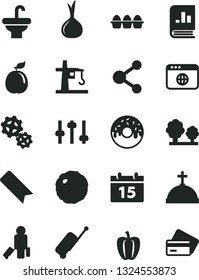 Solid Black Vector Icon Set - bookmark vector, washbasin, calendar, bundle of eggs, glazed cake with a hole, cabbage, guava, Bell pepper, onion, trees, gears, tower crane, connection, browser