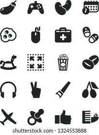 Solid Black Vector Icon Set - first aid kit vector, dummy, rocking horse, child shoes, hand saw, headphones, size, coffee beans, cup of popcorn, omelette, cornels, eggplant, schedule, mouse, victory