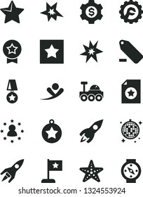 Solid Black Vector Icon Set - remove label vector, star gear, rocket, lunar rover, bang, medal, flag, certificate, dollar, stars around man, flying, disco ball, starfish, compass