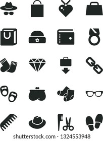 Solid Black Vector Icon Set - paper bag vector, purse, spectacles, hat, with glasses, accessories for a hairstyle, comb, warm socks, Knitted, shoes little children, handles, hand, diamond, gold ring
