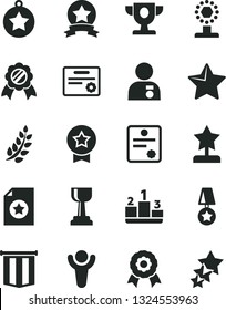 Solid Black Vector Icon Set - star vector, pedestal, medal, patente, winner, laurel branch, prize, cup, gold, reward, man with, ribbon, certificate, pennant flag, three stars