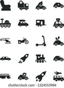 Solid Black Vector Icon Set - Baby chair vector, motor vehicle present, toy train, child Kick scooter, delivery, eco car, environmentally friendly transport, electric, retro, autopilot, rocket, bus