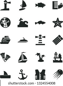 Solid Black Vector Icon Set - anchor vector, small fish, sea port, lighthouse, coastal, planet, sail boat, hotel, palm tree, starfish, flippers, surfing, life vest, jet ski, cruiser, shark fin