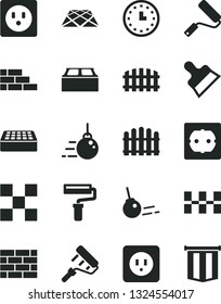Solid Black Vector Icon Set - paint roller vector, brickwork, brick wall, big core, new, power socket type b, f, tile, ceramic tiles, building block, putty knife, fence, hedge, pavement, watch
