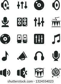 Solid Black Vector Icon Set - horn vector, loudspeaker, silent mode, drumroll, drum, microphone, music, regulator, volume, no sound, cd, headphones, pc speaker, note, settings, disco ball
