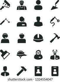 Solid Black Vector Icon Set - builder vector, building trowel, paint roller, construction helmet, putty knife, hammer, with claw, employee, welding, gas, woman, man, dispatcher, operator, scientist