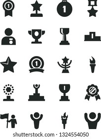 Solid Black Vector Icon Set - star vector, flame torch, winner, pedestal, podium, prize, award, cup, gold, reward, man with medal, hold flag, first place, pennant, ribbon, hero, hands up