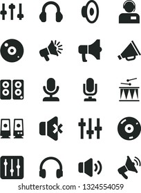 Solid Black Vector Icon Set - desktop microphone vector, horn, loudspeaker, drumroll, regulator, volume, no sound, operator, megaphone, cd, headphones, pc speaker, settings