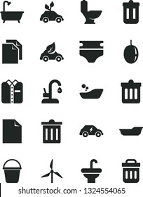 Solid Black Vector Icon Set - bin vector, clean sheet of paper, diaper, children's bathroom, bath, bucket, washbasin, toilet, kitchen faucet, dust, folded shirt, passion fruit, windmill, eco car