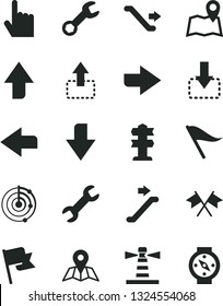 Solid Black Vector Icon Set - upward direction vector, downward, right, left, wind indicator, index finger, map, flag, move up, down, lighthouse, repair, radar, cross flags, escalator, signpost