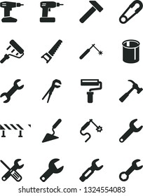 Solid Black Vector Icon Set - paint roller vector, repair key, safety pin, building trowel, small tools, adjustable wrench, cordless drill, hand saw, road fence, hammer, with claw, pipes, welding