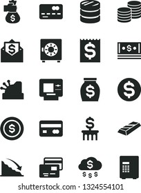 Solid Black Vector Icon Set - strongbox vector, cards, coins, reverse side of a bank card, front the, column, recession, dollar, financial item, money, cash, cashbox, gold bar, bag hand, rain, coin