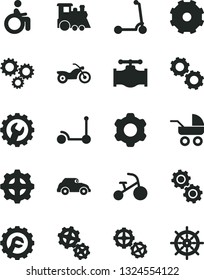 Solid Black Vector Icon Set - truck lorry vector, baby carriage, children's train, tricycle, Kick scooter, child, gears, cogwheel, gear, star, valve, retro car, three, motorcycle, disabled