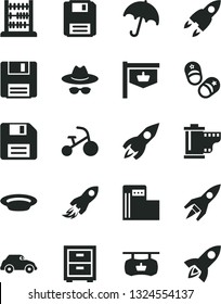 Solid Black Vector Icon Set - floppy disk vector, hat with glasses, camera roll, bedside table, tricycle, child shoes, abacus, umbrella, plate, modern gas station, retro car, vintage sign, rocket