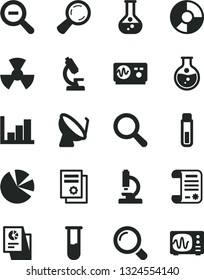 Solid Black Vector Icon Set - magnifier vector, zoom out, negative histogram, round flask, radiation, satellite dish, ring diagram, pie charts, statistical research, article, scientific publication