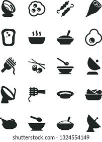 Solid Black Vector Icon Set - deep plate with a spoon vector, plates and spoons, spaghetti, noodles, bowl of buckwheat porridge, rice, hot, lettuce in, chicken, grill leg, meat on skewers, fried egg